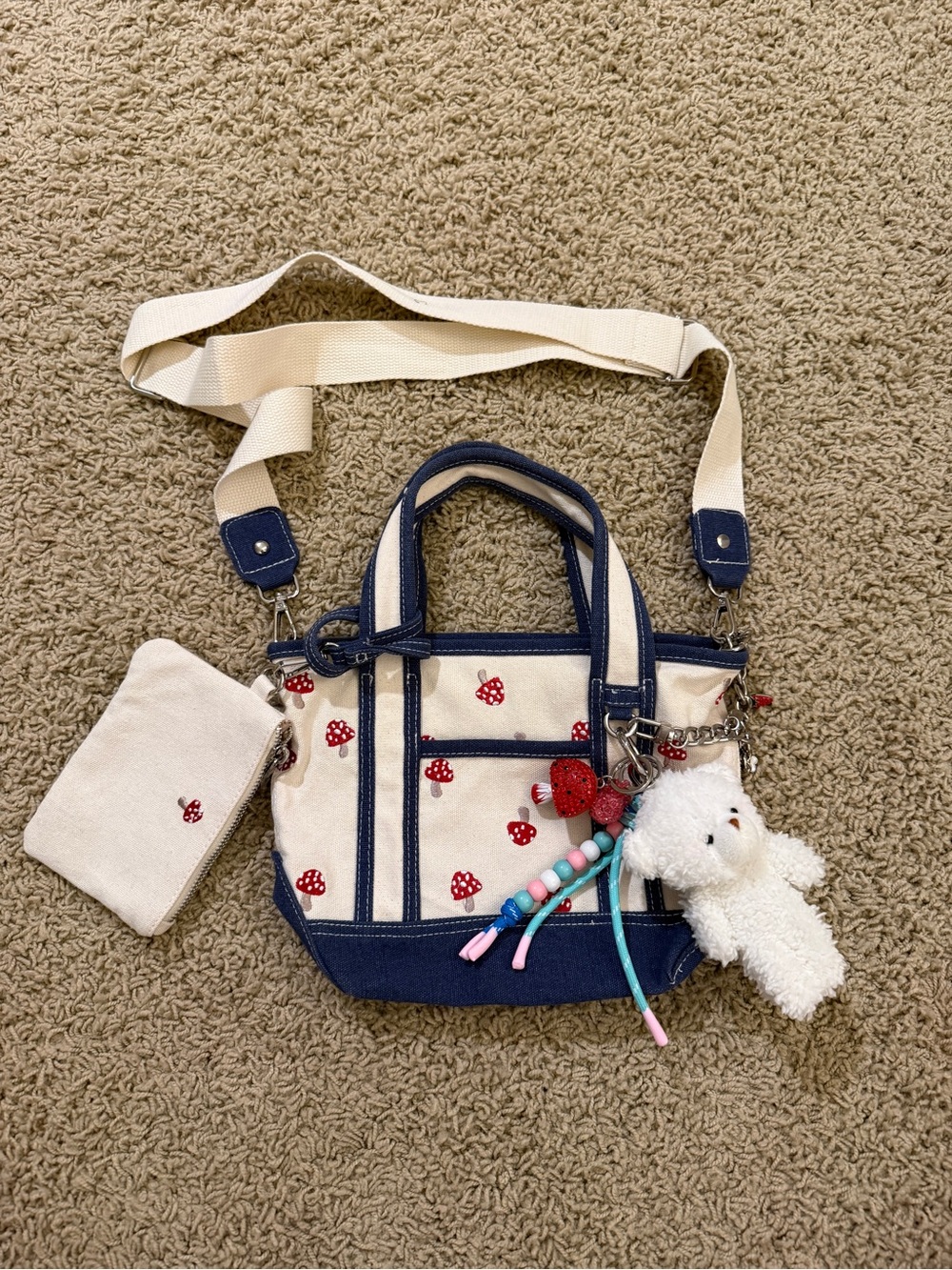 Madden Girl Cream and Navy Canvas Tote with Red Heart Print